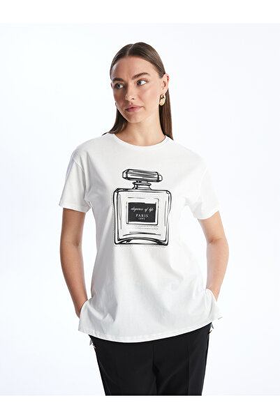 LC Waikiki Damen - Bedrucktes T-Shirt mit Rundhalsausschnitt und kurzen Ärmeln