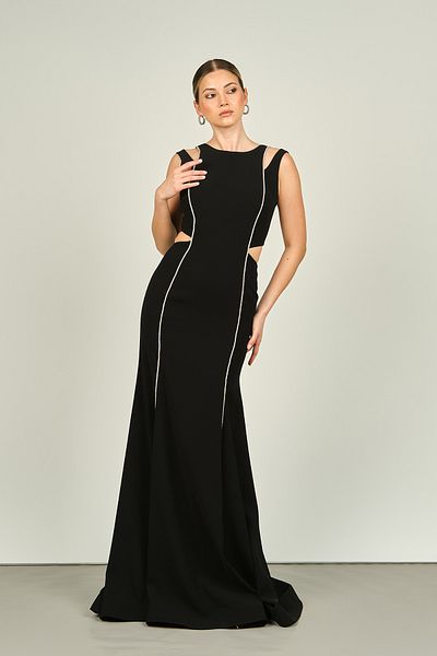 ŞEREF VURAL Black Fish Form Evening Dress - Stone Decorated, Window Detailed 8256