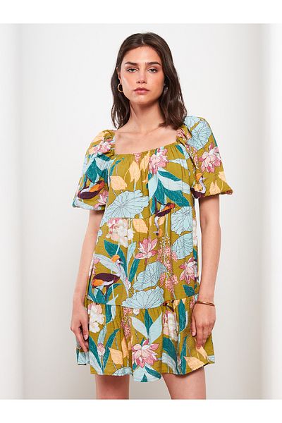 LC Waikiki Patterned Square Collar Short Sleeve Women's Dress