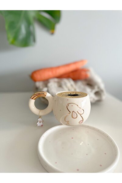Mugtasarım كوب قهوة تركي مزدوج مصنوع يدويًا من السيراميك مع أرنب مذهّب بالذهب عيار 24 قيراط