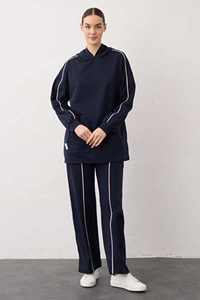 Basicpark Navy Blue Label Detailed Hooded Kangaroo Pocket Cotton Knitted Bottom and Top Set