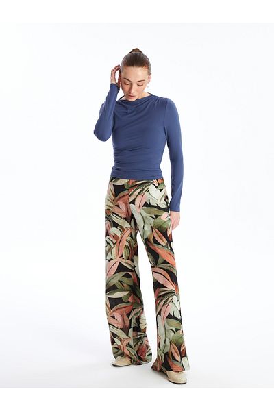 LC Waikiki Gemusterte, bequeme, geformte Damenhose mit elastischem Bund