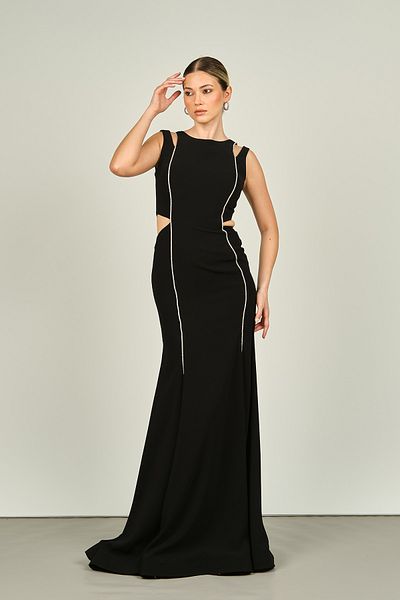 ŞEREF VURAL Black Fish Form Evening Dress - Stone Decorated, Window Detailed 8256