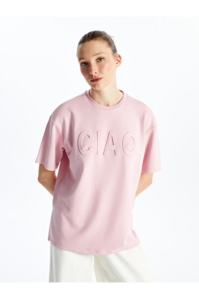 LC Waikiki Damski T-shirt oversize z krótkim rękawem i nadrukiem z okrągłym dekoltem