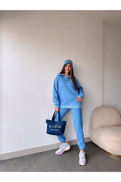 FEEL STYLE BÜYÜK BEDEN KADIN ÜÇ İPLİK YARIM FERMUAR EŞOFMAN TAKIMI MODERN KALIP FS