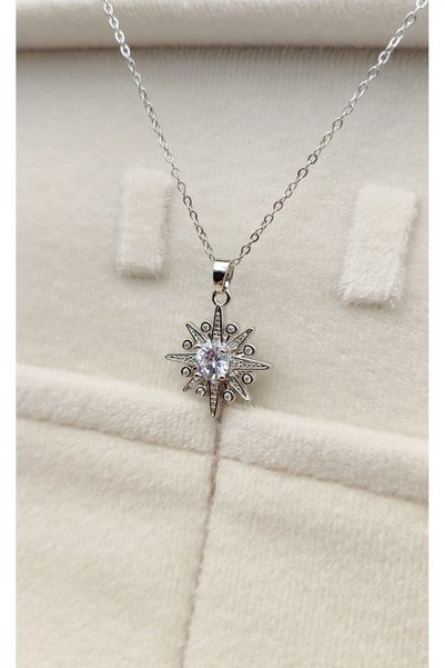 JewAksesuar North Star Patterned Zircon Stone Steel Necklace