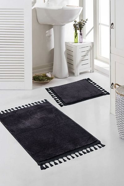 Valery Home Vl Washable Premium Pompom με κρόσσια αντιολισθητική βάση βελούδινο πατάκι μπάνιου Σετ 2 Μαύρο