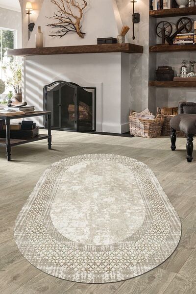 CAPPİO HALI Etnik Desenli Bej Oval Halı Makinada Yıkanabilir Kaymaz Dot Taban  Cp1147