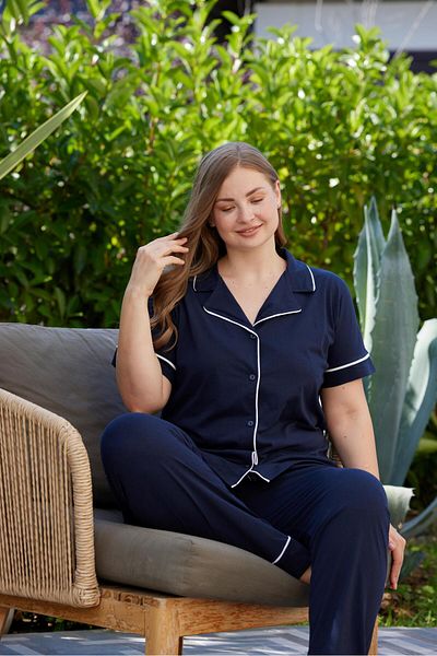 PİJAMOOD Plus Size Women's Navy Blue Short Sleeve Cotton Front Buttoned Piping Pajamas Set