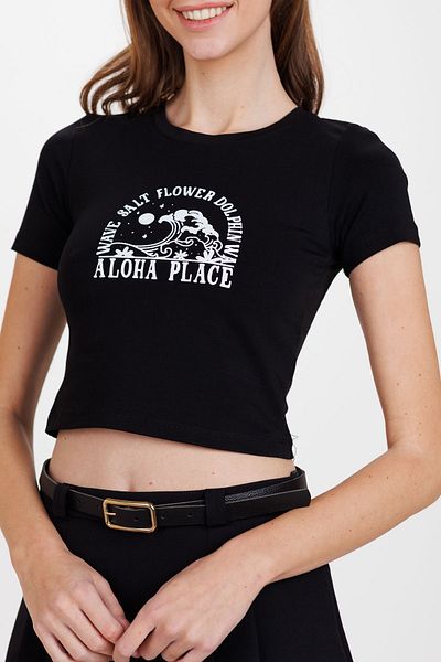 Ecrou Γυναικείο Μαύρο Aloha Place Print Cotton Lycra Crop T-Shirt Body