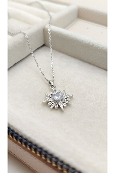 JewAksesuar North Star Patterned Zircon Stone Steel Necklace