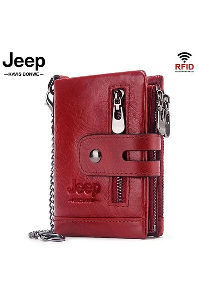 Jeep Unisex Red Special Boxed Wallet 100% Genuine Leather Coin Card Holder with Chain