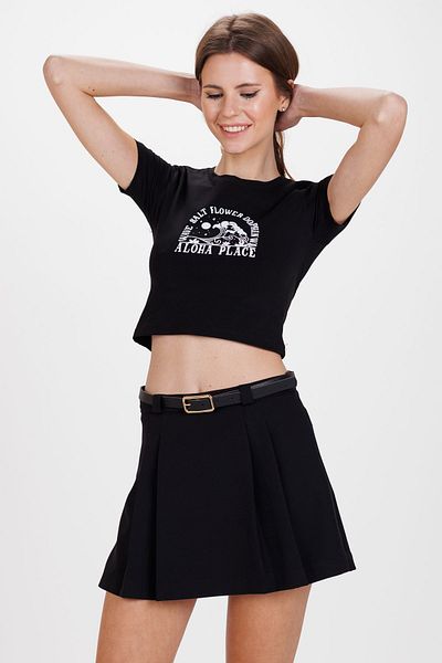 Ecrou Γυναικείο Μαύρο Aloha Place Print Cotton Lycra Crop T-Shirt Body