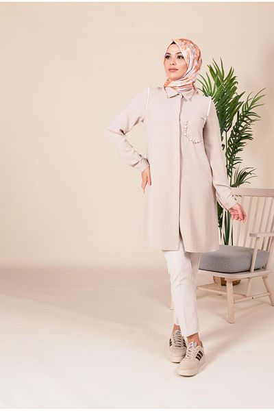 Beyza Stone Colored Shoulder and Bead Detailed Tunic 4038