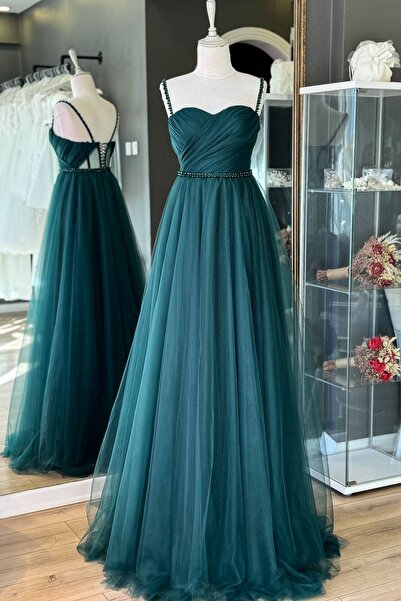 Lenta Moda Zümrüt Yeşil Drapeli Ve Inci Detaylı Tül Abiye & Nikah Elbisesi