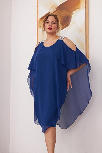 RMG Shoulder Stone Detailed Chiffon Large Size Saks Dress (Wide Size, Choose 1 Size Smaller)