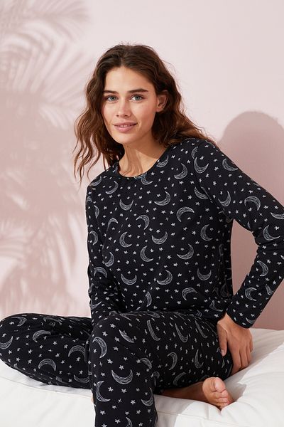 Siyah İnci Set de pijamale din bumbac cu model luna neagră