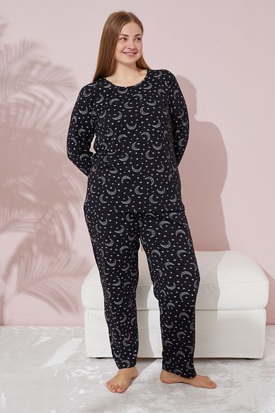 Siyah İnci Curve Patterned Black Plus Size Cotton Pajamas Set