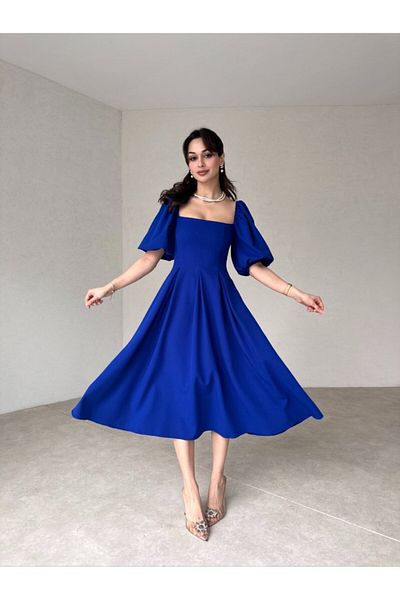 Afiş Butik Balloon Sleeve Négyszögletes gallérral redőzött Midi ruha