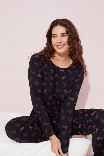 Siyah İnci Cotton Black Ribbon Pajama Set