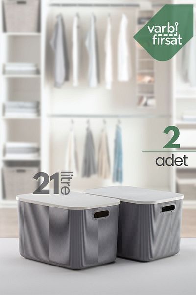 Varbifırsat 21 lt Capacity - 2 Pieces Gray Decorative Storage Box, Cabinet Organizer