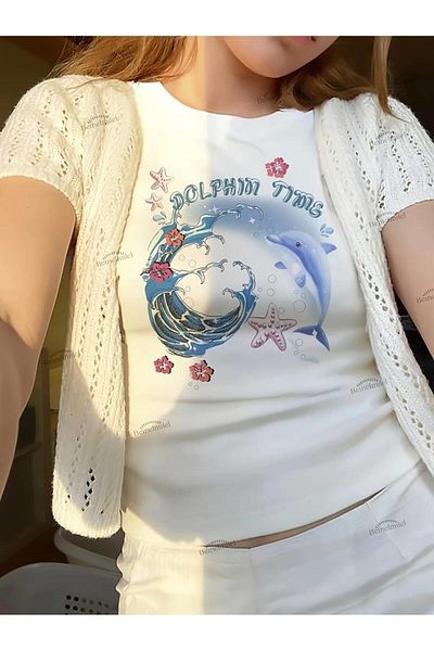Touz Moda Μπλούζα μήκους Crop με στάμπα Dolphin