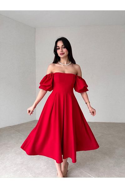 Afiş Butik Balloon Sleeve Square Collar Pleated Midi Dress