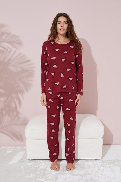 Siyah İnci Set de pijamale din bumbac roșu Claret - Model inimă