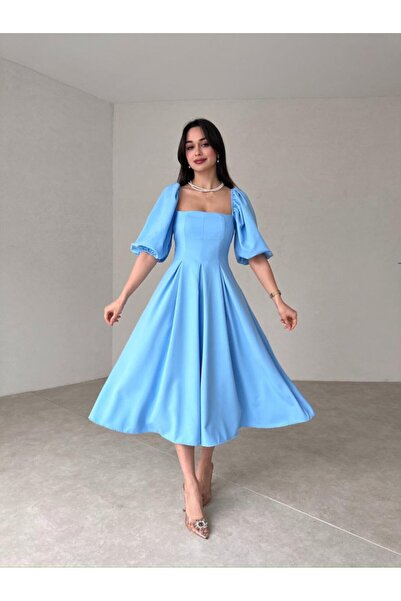 Afiş Butik Kare Yaka Balon Kollu Pileli Midi Boy Elbise