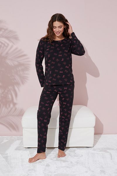 Siyah İnci Cotton Black Ribbon Pajama Set