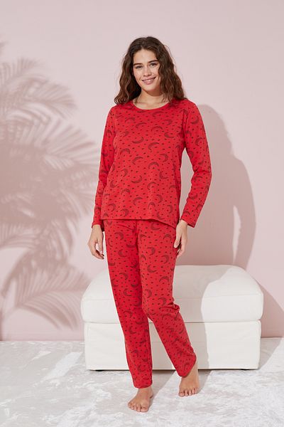 Siyah İnci Set pijamale din bumbac cu model lunar roșu