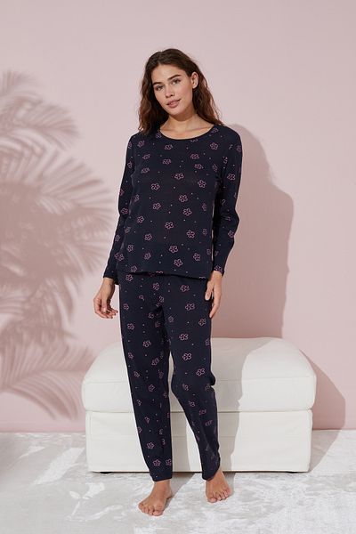 Siyah İnci Cotton Pajama Set - Navy Blue, Pink Floral Pattern