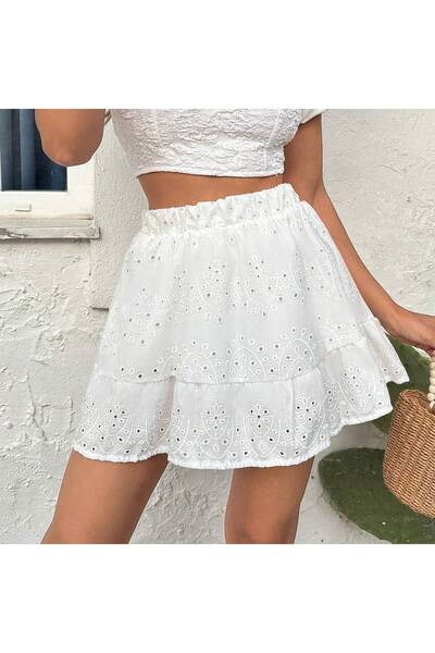 Moda ZR Women's White Patterned High Waist Mini Skirt