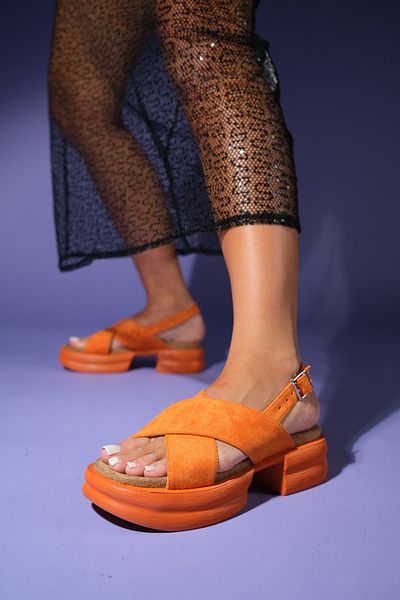 LuviShoes Orange Suede and Cross Strap Thick Sole Women's Sandals - LUNGO