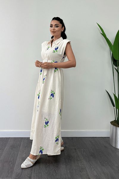 giyimmasalı Linen Dress - Button Detail, CREAM