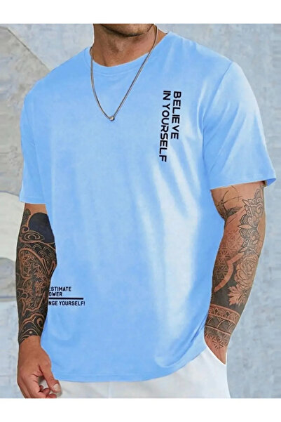 CAST COLLECTİON Men's Blue Oversize Believe T-Shirt