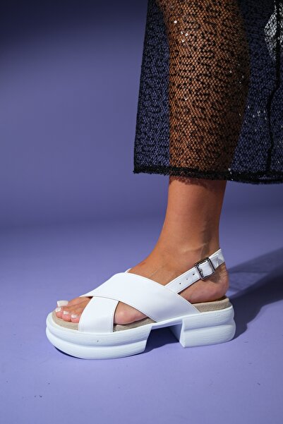 LuviShoes LUNGO White Cross-Strapped Thick Sole Women's Sandals