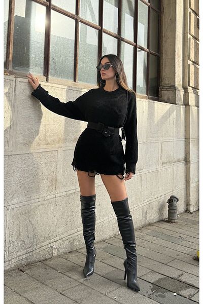 minaaise Pulover oversize tricotat negru rupt 26031