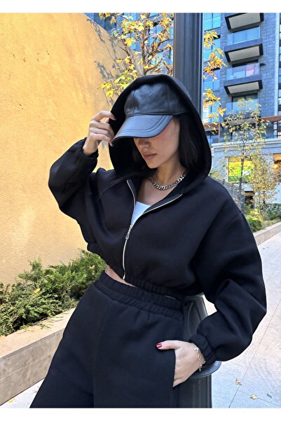 minaaise Hanorac negru cu glugă și cu fermoar, cu tăietură largă, crop 26254