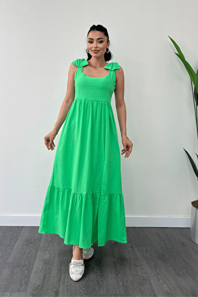 giyimmasalı Zelena haljina boje pistaća Lan - rame Sa mašnom