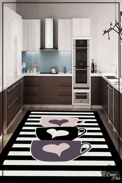 CAPPİO HALI Siyah Beyaz Çizgili Fincan Desenli Halı - Cp901