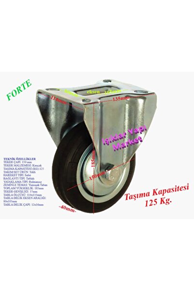 FORTE Tablalı Kauçuk Sabit Tekerlek-Sanayi Tipi 150x40-80mm H:185mm (1Adet)