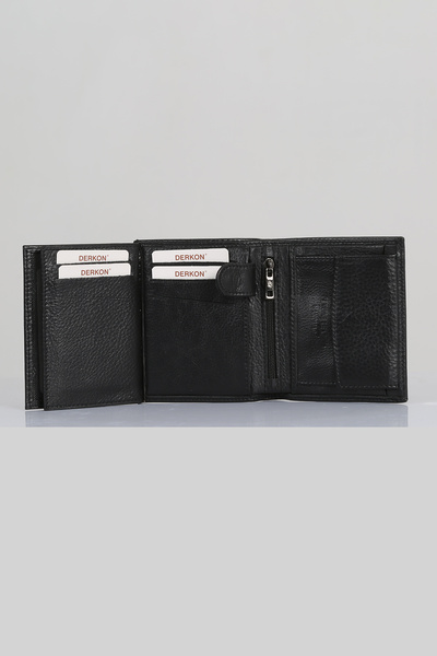 DERKON Black Genuine Leather - Men's Wallet with Additional Zipper