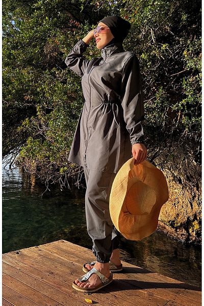 sefamerve 2-teiliger Hijab-Badeanzug mit Tasche und elastischem Bund 2038-03 Anthrazit