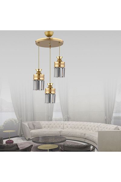 SONSUZ AYDINLATMA&AVİZE Tokyo 3-Piece Antique Pendant Lamp Crystal Stone Yellow Striped Cylinder Downward Facing Luxury Chandelier