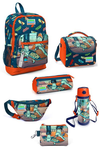 Coral High Kids Skateboard Patterned Indigo Neon Orange Four Compartment School Backpack
