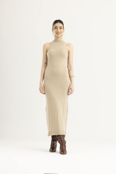 Lefon Beige High-Top One-Piece Knitwear Halter Sleeve Dress