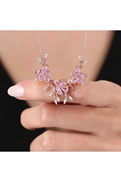 Mia Vento Pırlanta Montür Pink Taşlı Gül Rüyası Rose Renk Flowers Gümüş Kolye