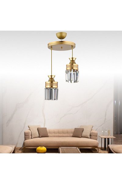 SONSUZ AYDINLATMA&AVİZE Tokyo 2-Piece Antique Pendant Lamp Crystal Stone Yellow Striped Cylinder Downward Facing Luxury Chandelier