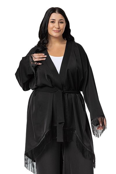 DISENTIS MODEST Plus Size Black Tassel Jacket and Pants Set